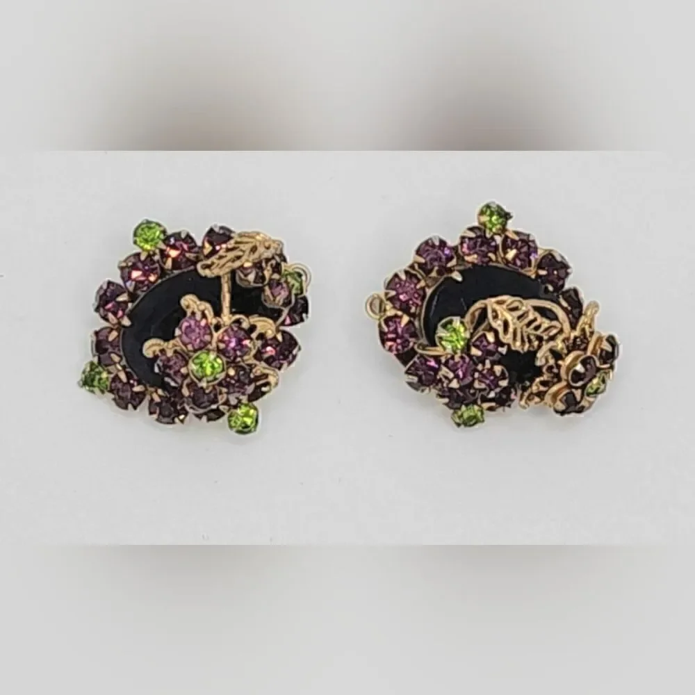 Vintage Gold Peridot Amethyst floral fillagree clip on earrings